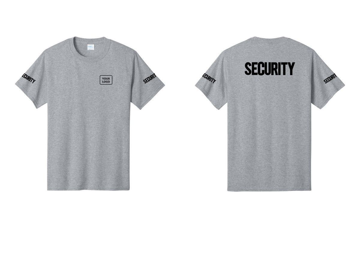NYC Factory Custom Logo Men's Security Cotton T-Shirt - Your Logo + Back + Security Sleeves - Athletic Heather