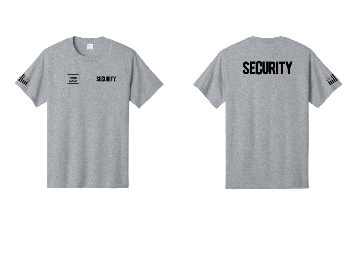 NYC Factory Custom Logo Men's Security Cotton T-Shirt - SECURITY + Your Logo + Back + US Flag Sleeve - Athletic Heather
