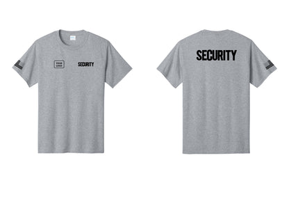 NYC Factory Custom Logo Men's Security Cotton T-Shirt - SECURITY + Your Logo + Back + US Flag Sleeve - Athletic Heather