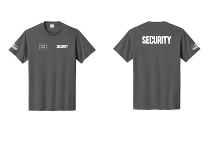 NYC Factory Custom Logo Men's Security Cotton T-Shirt - SECURITY + Your Logo + Back + US Flag Sleeve - Charcoal