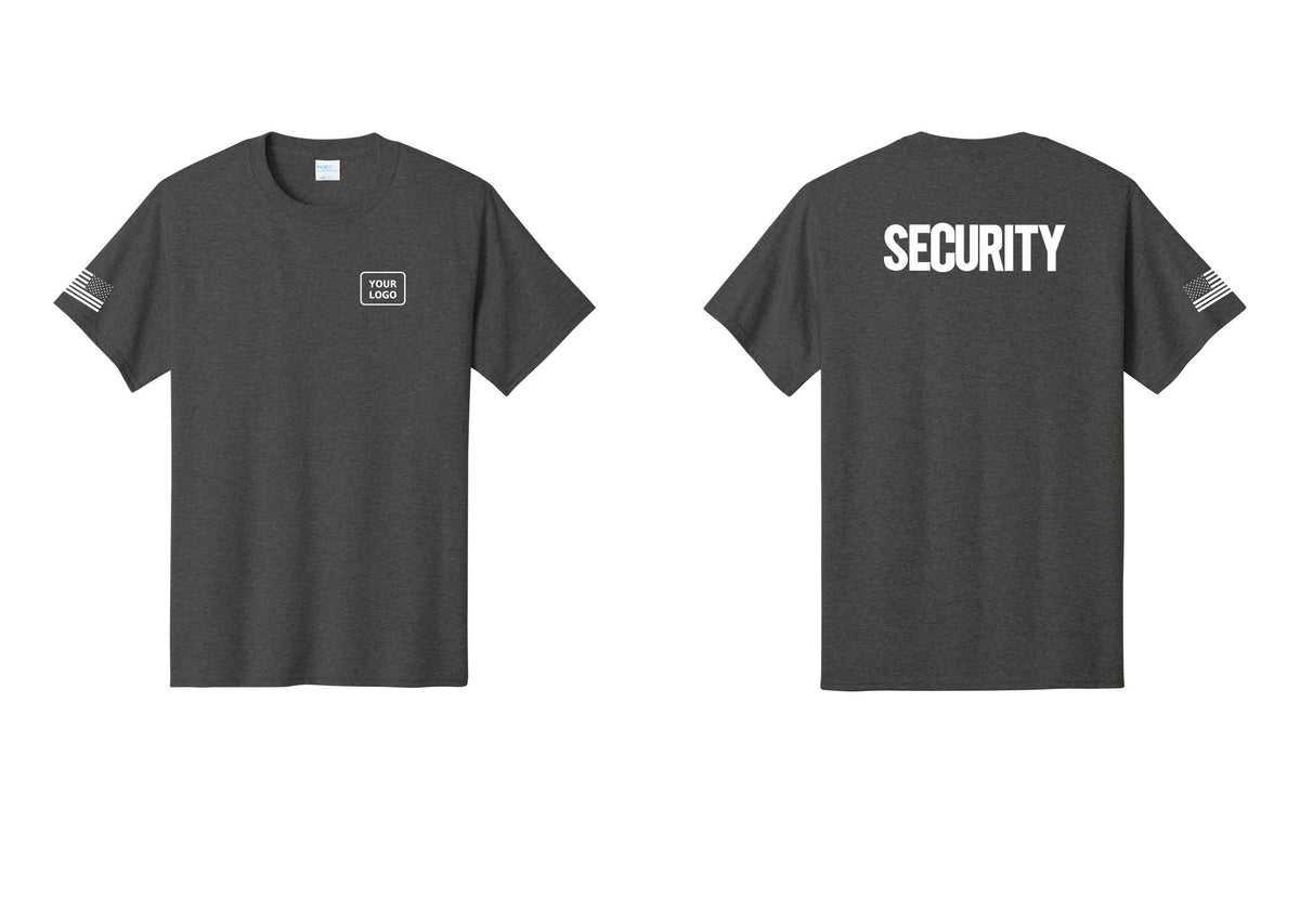 NYC Factory Custom Logo Men's Security Cotton T-Shirt - Your Logo + Back + US Flag Sleeve - Dark Heather Grey