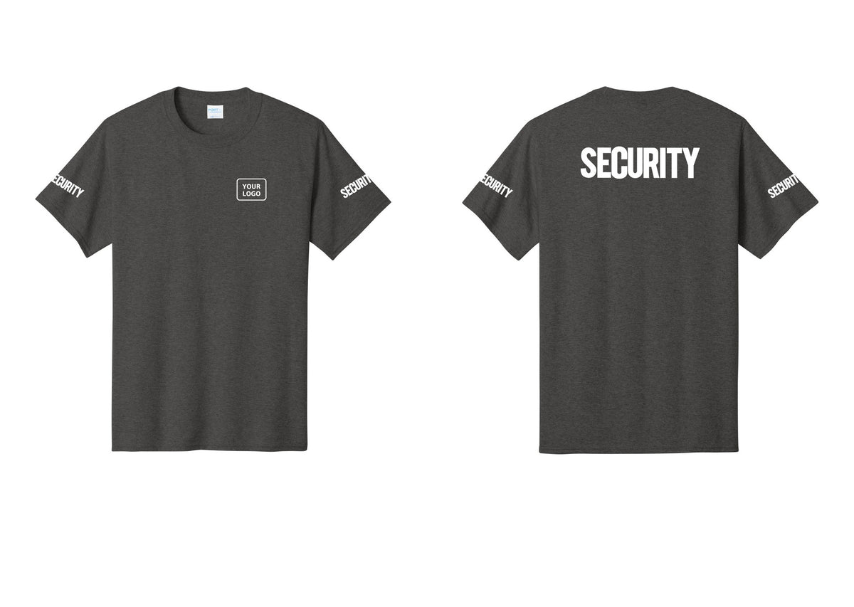 NYC Factory Custom Logo Men's Security Cotton T-Shirt - Your Logo + Back + Security Sleeves - Dark Heather Grey