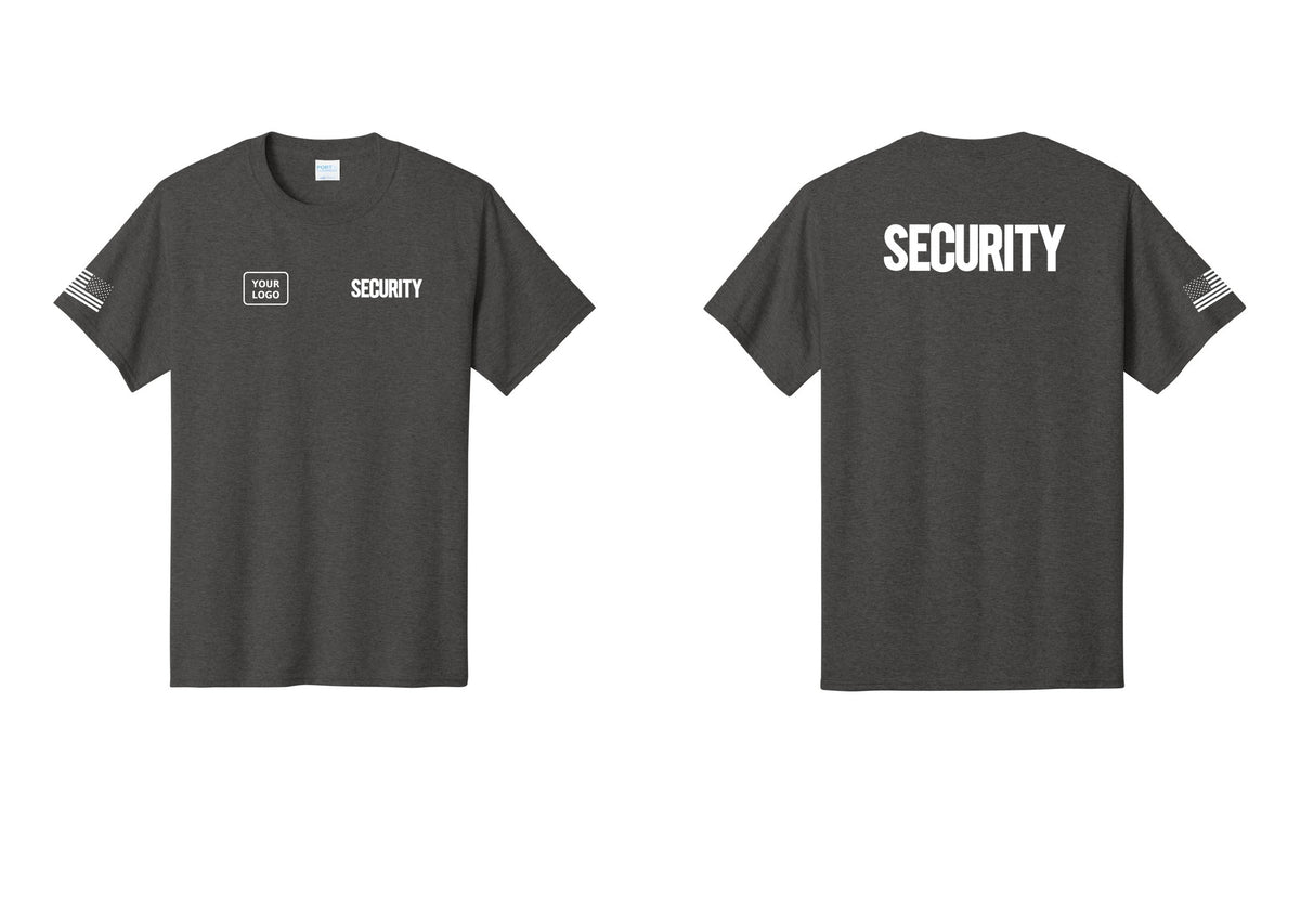 NYC Factory Custom Logo Men's Security Cotton T-Shirt - SECURITY + Your Logo + Back + US Flag Sleeve - Dark Heather Grey