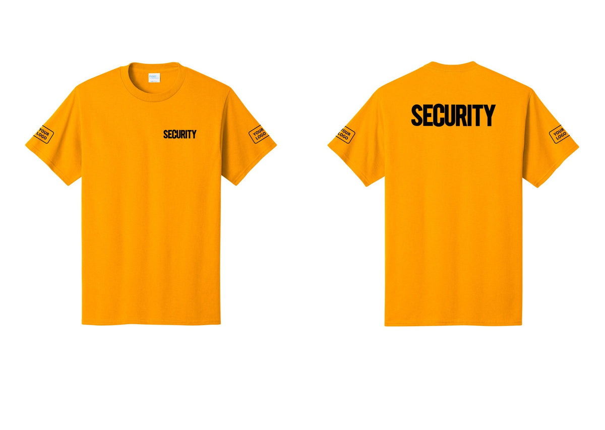 NYC Factory Custom Logo Men's Security Cotton T-Shirt - Chest + Back + Your Logo Sleeves - Gold