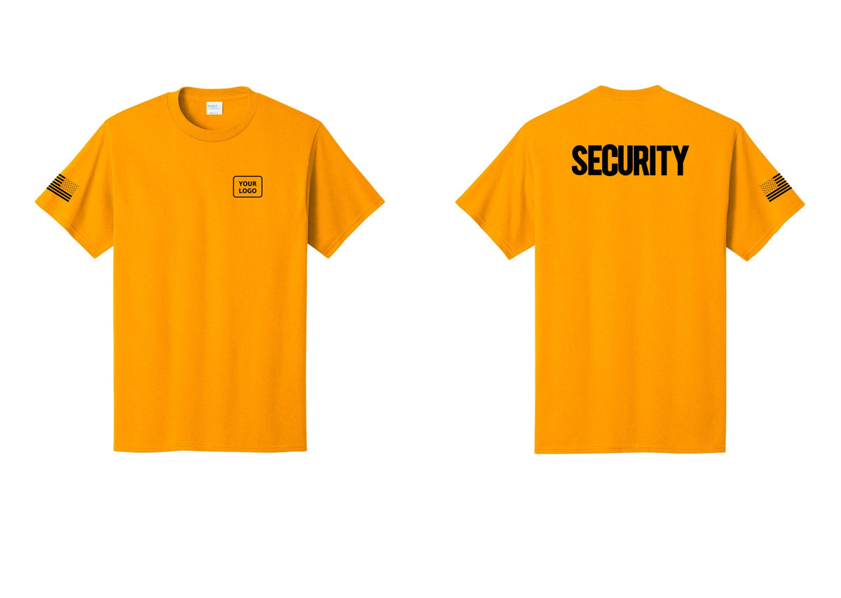 NYC Factory Custom Logo Men's Security Cotton T-Shirt - Your Logo + Back + US Flag Sleeve - Gold