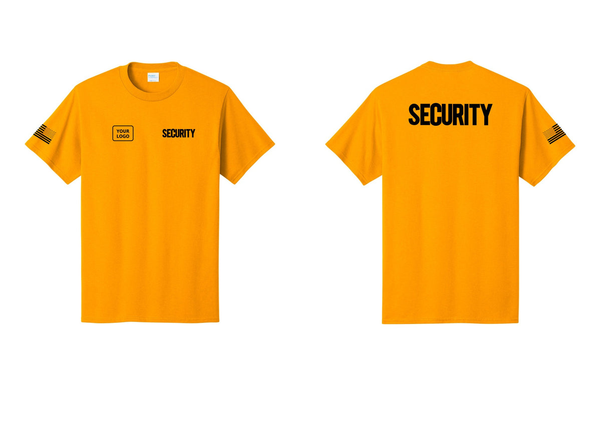 NYC Factory Custom Logo Men's Security Cotton T-Shirt - SECURITY + Your Logo + Back + US Flag Sleeve - Gold