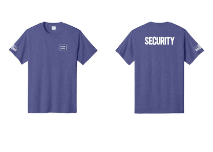 NYC Factory Custom Logo Men's Security Cotton T-Shirt - Your Logo + Back + US Flag Sleeve - Heather Purple