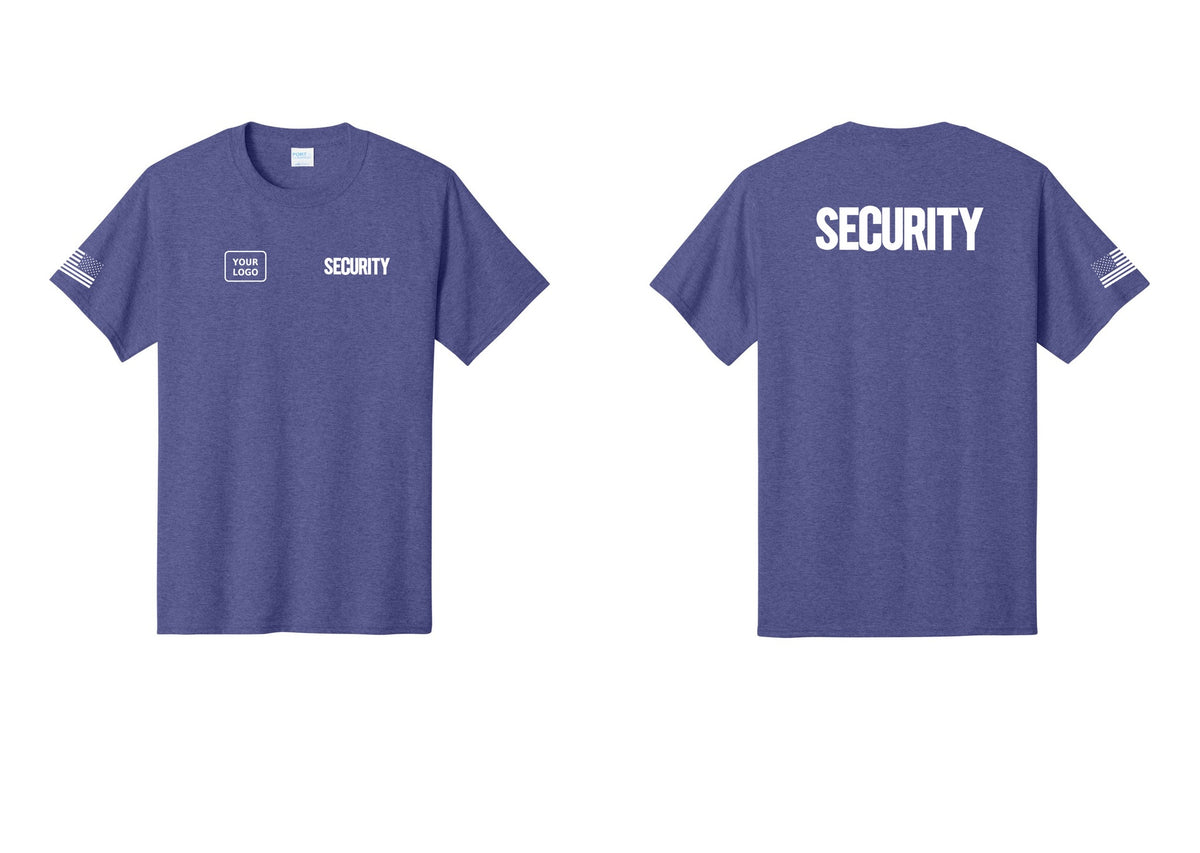 NYC Factory Custom Logo Men's Security Cotton T-Shirt - SECURITY + Your Logo + Back + US Flag Sleeve - Heather Purple