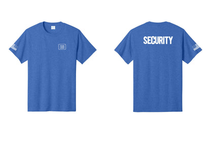 NYC Factory Custom Logo Men's Security Cotton T-Shirt - Your Logo + Back + US Flag Sleeve - Heather Royal