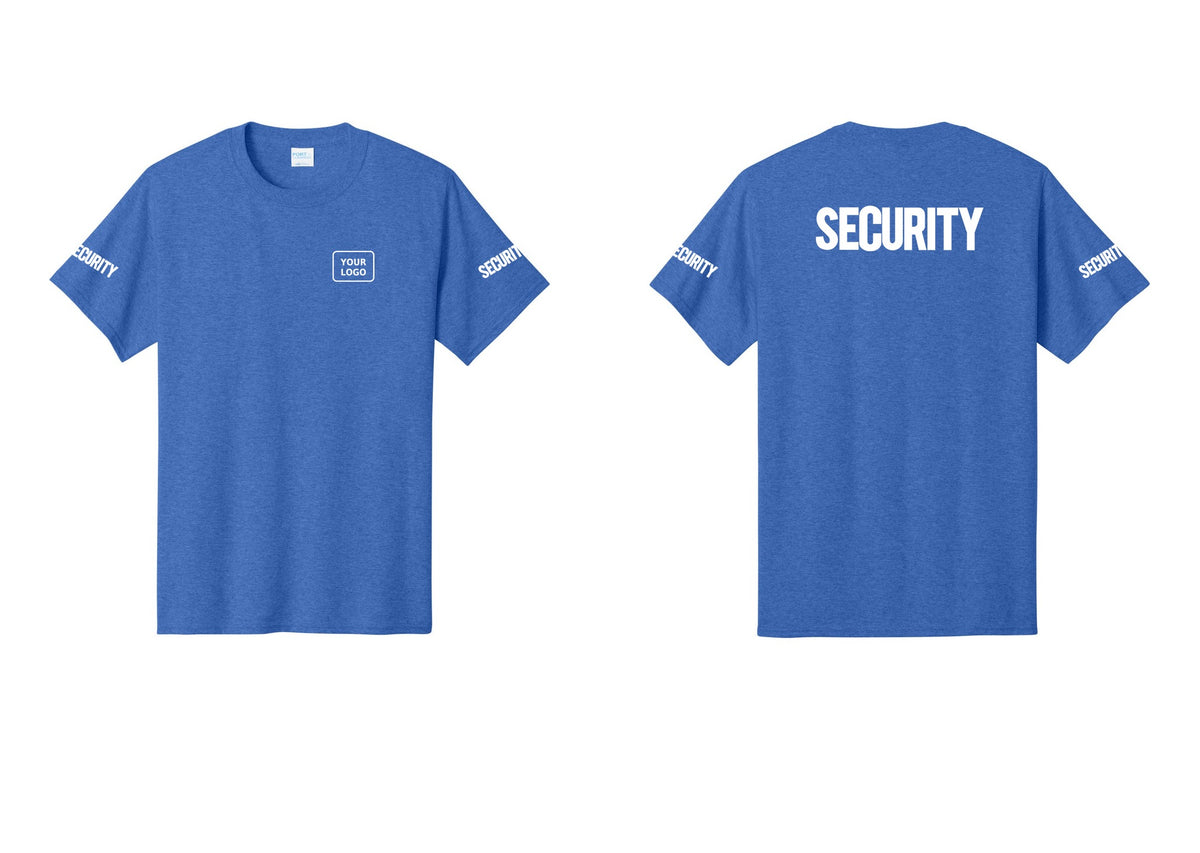 NYC Factory Custom Logo Men's Security Cotton T-Shirt - Your Logo + Back + Security Sleeves - Heather Royal