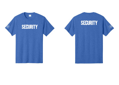 NYC Factory Custom Logo Men's Security Cotton T-Shirt - Front + Back + Your Logo Sleeve - Heather Royal