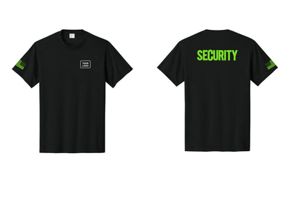 NYC Factory Custom Logo Men's Security Cotton T-Shirt - Your Logo + Back + US Flag Sleeve - Black / Neon