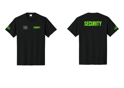 NYC Factory Custom Logo Men's Security Cotton T-Shirt - SECURITY + Your Logo + Back + US Flag Sleeve - Black / Neon