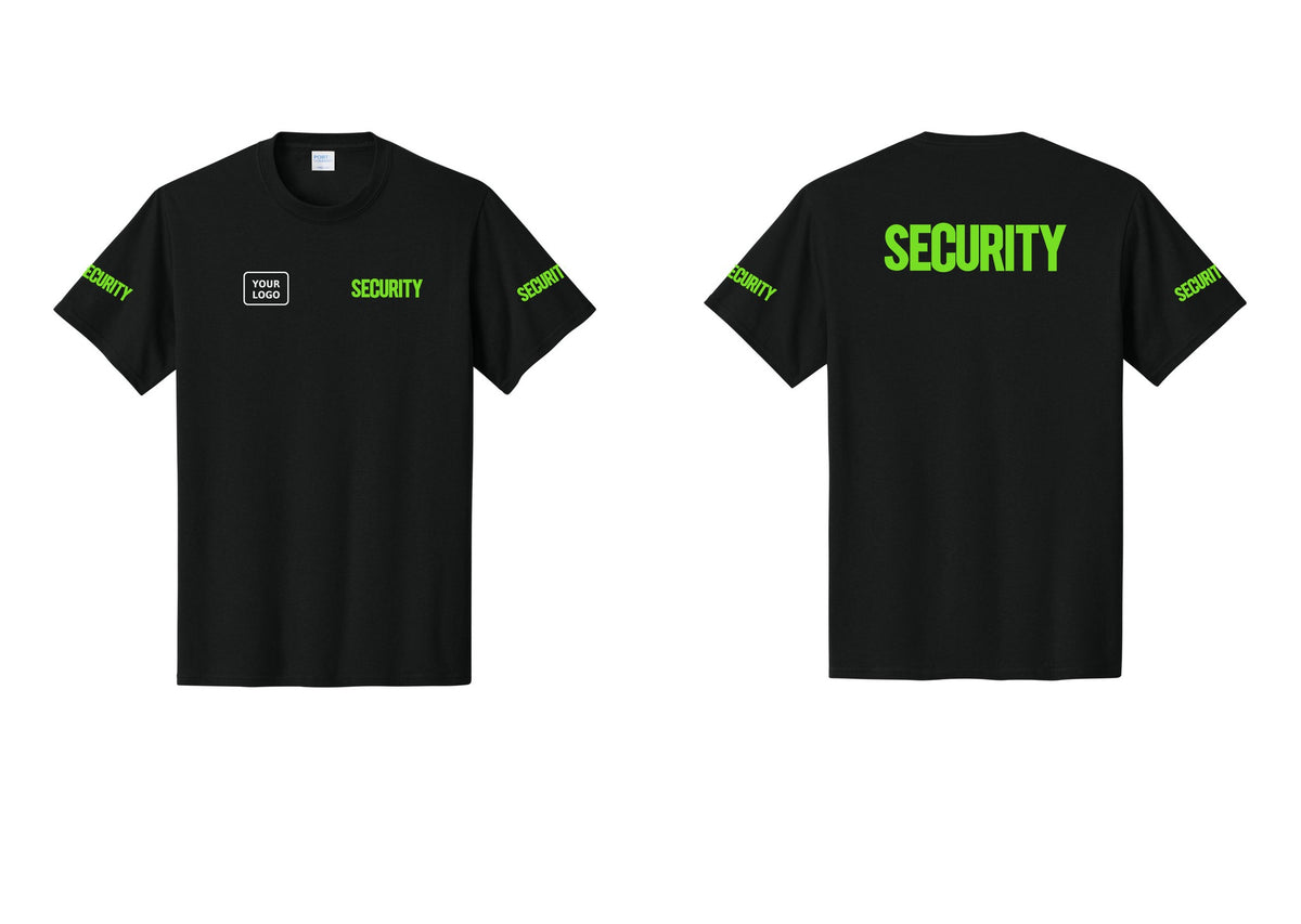 NYC Factory Custom Logo Men's Security Cotton T-Shirt - SECURITY + Your Logo + Back + Security Sleeves - Black / Neon