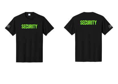 NYC Factory Custom Logo Men's Security Cotton T-Shirt - Front + Back + Your Logo Sleeve - Black / Neon