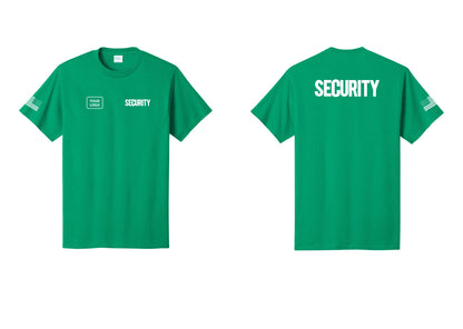 NYC Factory Custom Logo Men's Security Cotton T-Shirt - SECURITY + Your Logo + Back + US Flag Sleeve - Kelly
