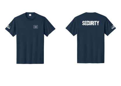 NYC Factory Custom Logo Men's Security Cotton T-Shirt - Your Logo + Back + US Flag Sleeve - Navy