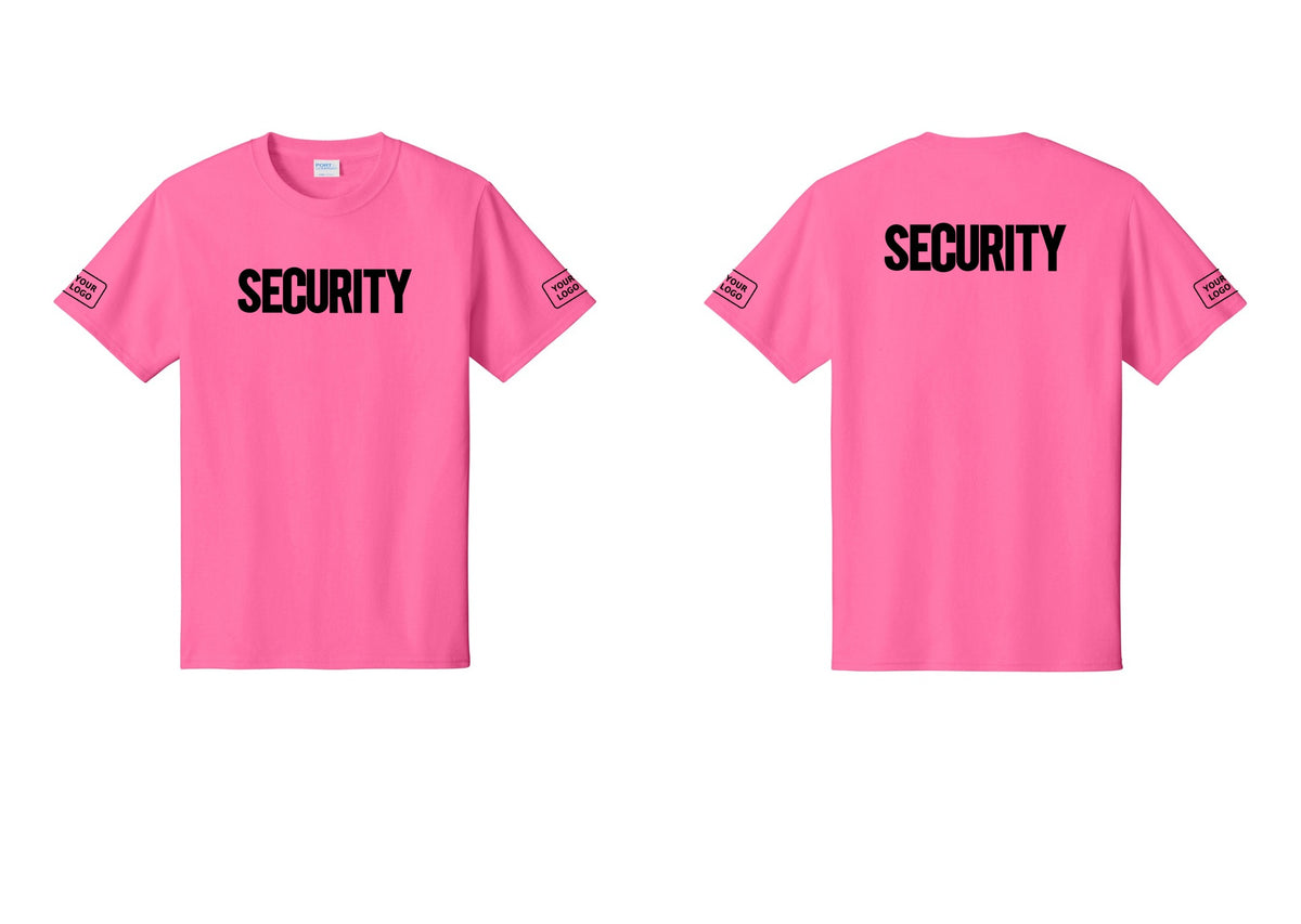 NYC Factory Custom Logo Men's Security Cotton T-Shirt - Front + Back + Your Logo Sleeves - Neon Pink