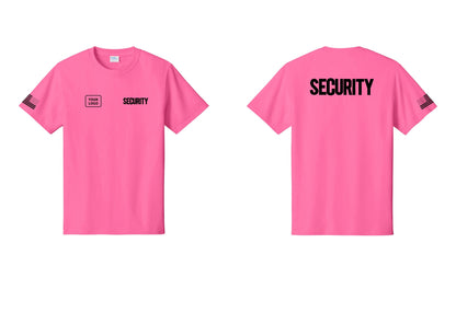 NYC Factory Custom Logo Men's Security Cotton T-Shirt - SECURITY + Your Logo + Back + US Flag Sleeve - Neon Pink