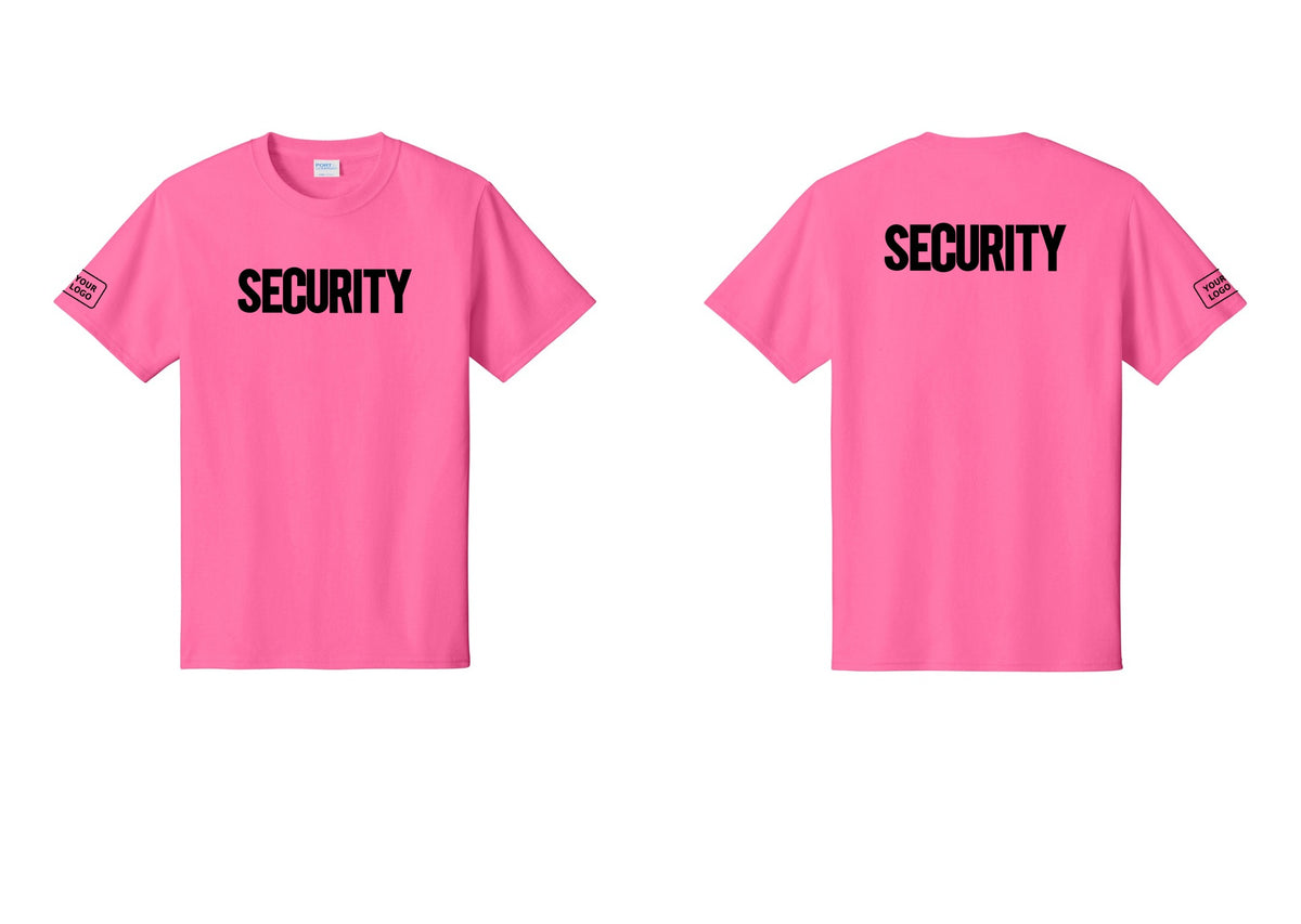 NYC Factory Custom Logo Men's Security Cotton T-Shirt - Front + Back + Your Logo Sleeve - Neon Pink
