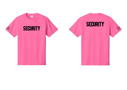 NYC Factory Custom Logo Men's Security Cotton T-Shirt - Front + Back + Your Logo Sleeve - Neon Pink