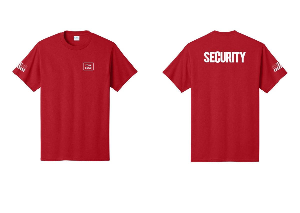 NYC Factory Custom Logo Men's Security Cotton T-Shirt - Your Logo + Back + US Flag Sleeve - Red