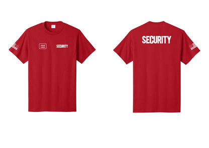 NYC Factory Custom Logo Men's Security Cotton T-Shirt - SECURITY + Your Logo + Back + US Flag Sleeve - Red