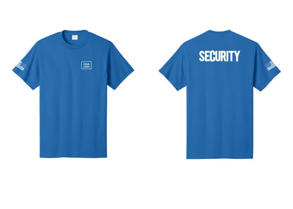 NYC Factory Custom Logo Men's Security Cotton T-Shirt - Your Logo + Back + US Flag Sleeve - Royal