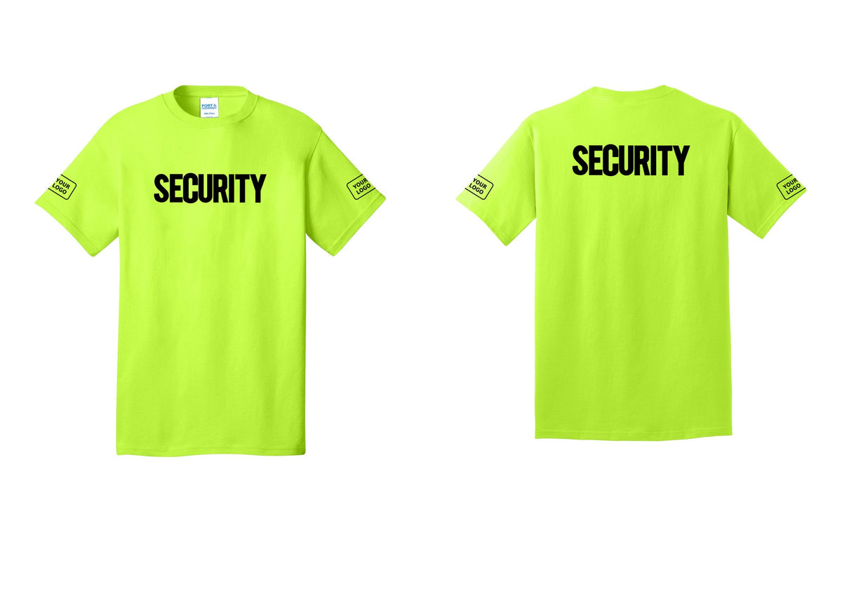NYC Factory Custom Logo Men's Security Cotton T-Shirt - Front + Back + Your Logo Sleeves - Safety Green