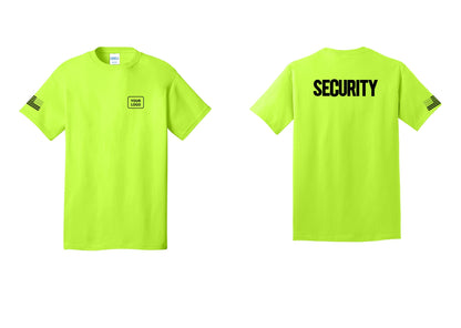 NYC Factory Custom Logo Men's Security Cotton T-Shirt - Your Logo + Back + US Flag Sleeve - Safety Green