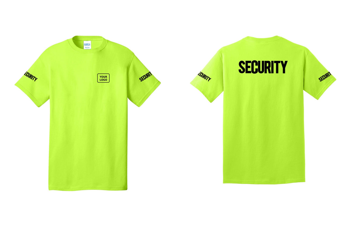 NYC Factory Custom Logo Men's Security Cotton T-Shirt - Your Logo + Back + Security Sleeves - Safety Green