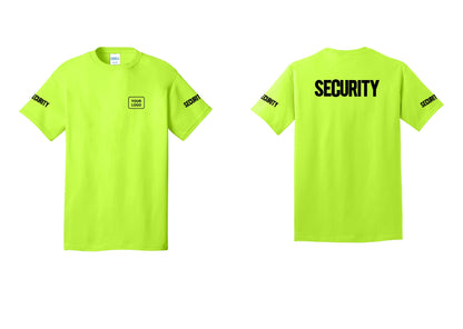 NYC Factory Custom Logo Men's Security Cotton T-Shirt - Your Logo + Back + Security Sleeves - Safety Green