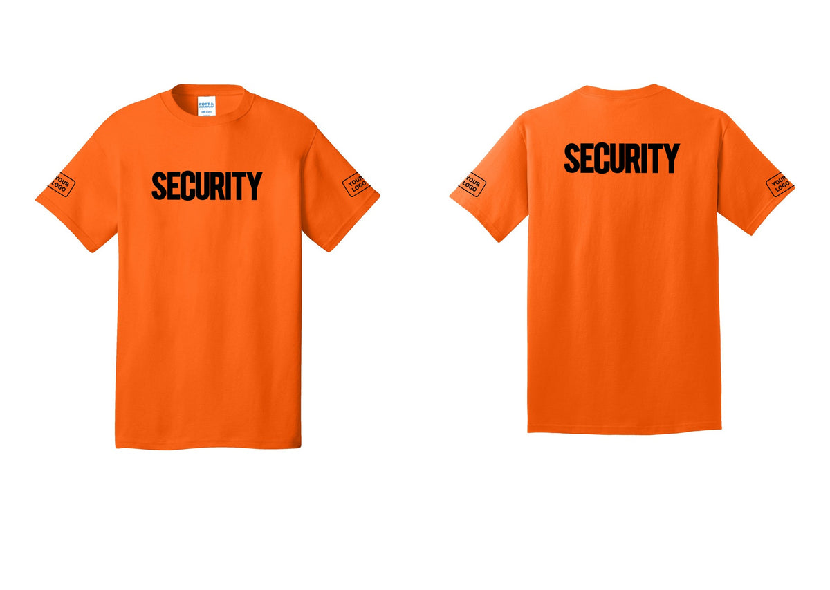 NYC Factory Custom Logo Men's Security Cotton T-Shirt - Front + Back + Your Logo Sleeves - Safety Orange