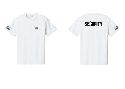 NYC Factory Custom Logo Men's Security Cotton T-Shirt - Your Logo + Back + US Flag Sleeve - White