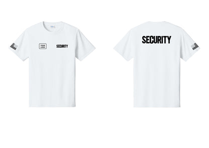 NYC Factory Custom Logo Men's Security Cotton T-Shirt - SECURITY + Your Logo + Back + US Flag Sleeve - White