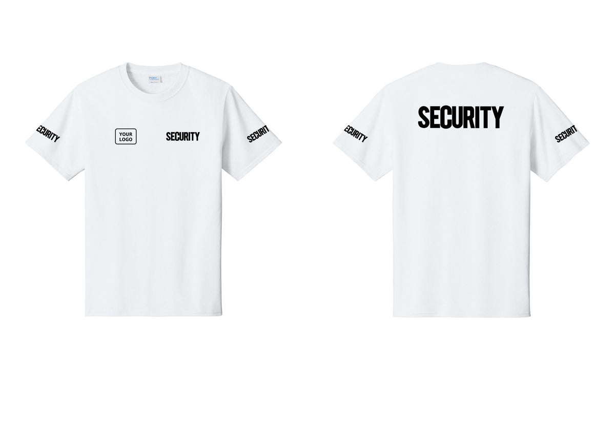 NYC Factory Custom Logo Men's Security Cotton T-Shirt - SECURITY + Your Logo + Back + Security Sleeves - White