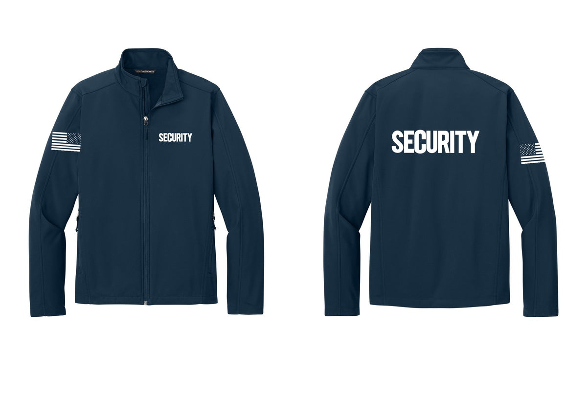 NYC Factory Security Soft Shell Jacket (Bold) - Chest + Back + US Flag Sleeve - Dress Blue Navy