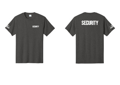 NYC Factory Men's Security Cotton T-Shirt - Chest + Back + US Flag Sleeve - Dark Heather Grey
