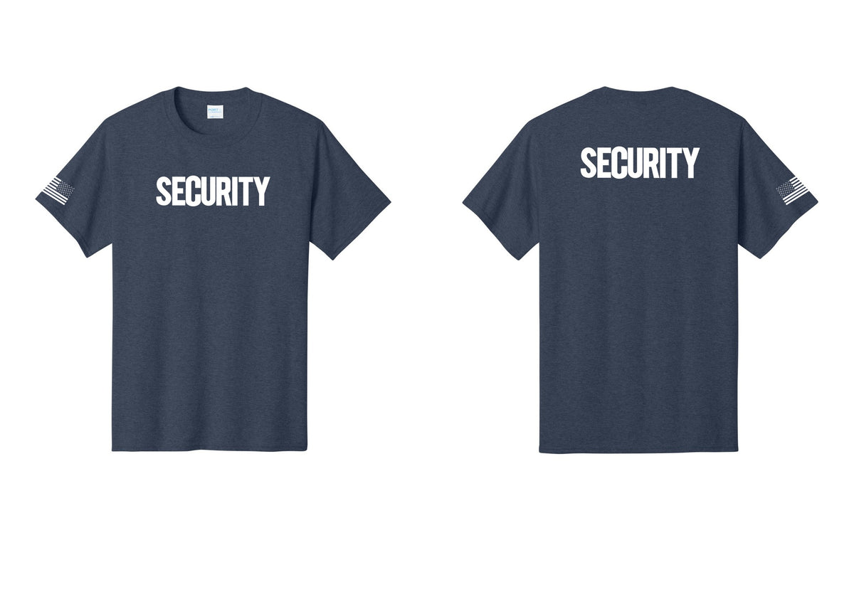 NYC Factory Men's Security Cotton T-Shirt - Front + Back + US Flag Sleeve - Heather Navy