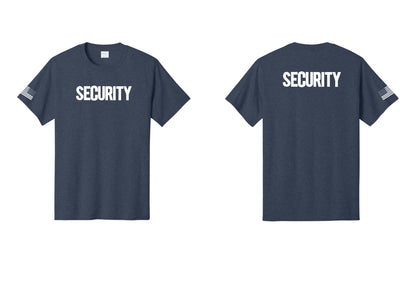 NYC Factory Men's Security Cotton T-Shirt - Front + Back + US Flag Sleeve - Heather Navy