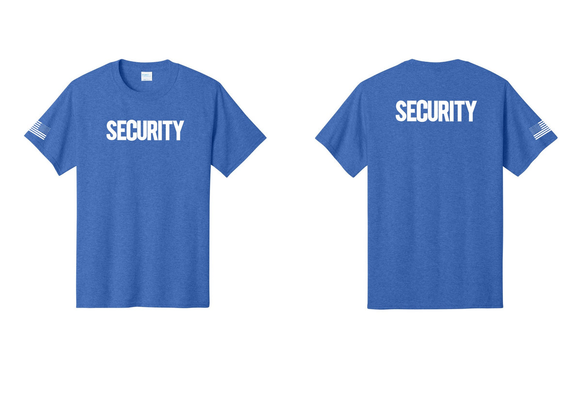 NYC Factory Men's Security Cotton T-Shirt - Front + Back + US Flag Sleeve - Heather Royal