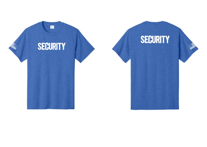 NYC Factory Men's Security Cotton T-Shirt - Front + Back + US Flag Sleeve - Heather Royal