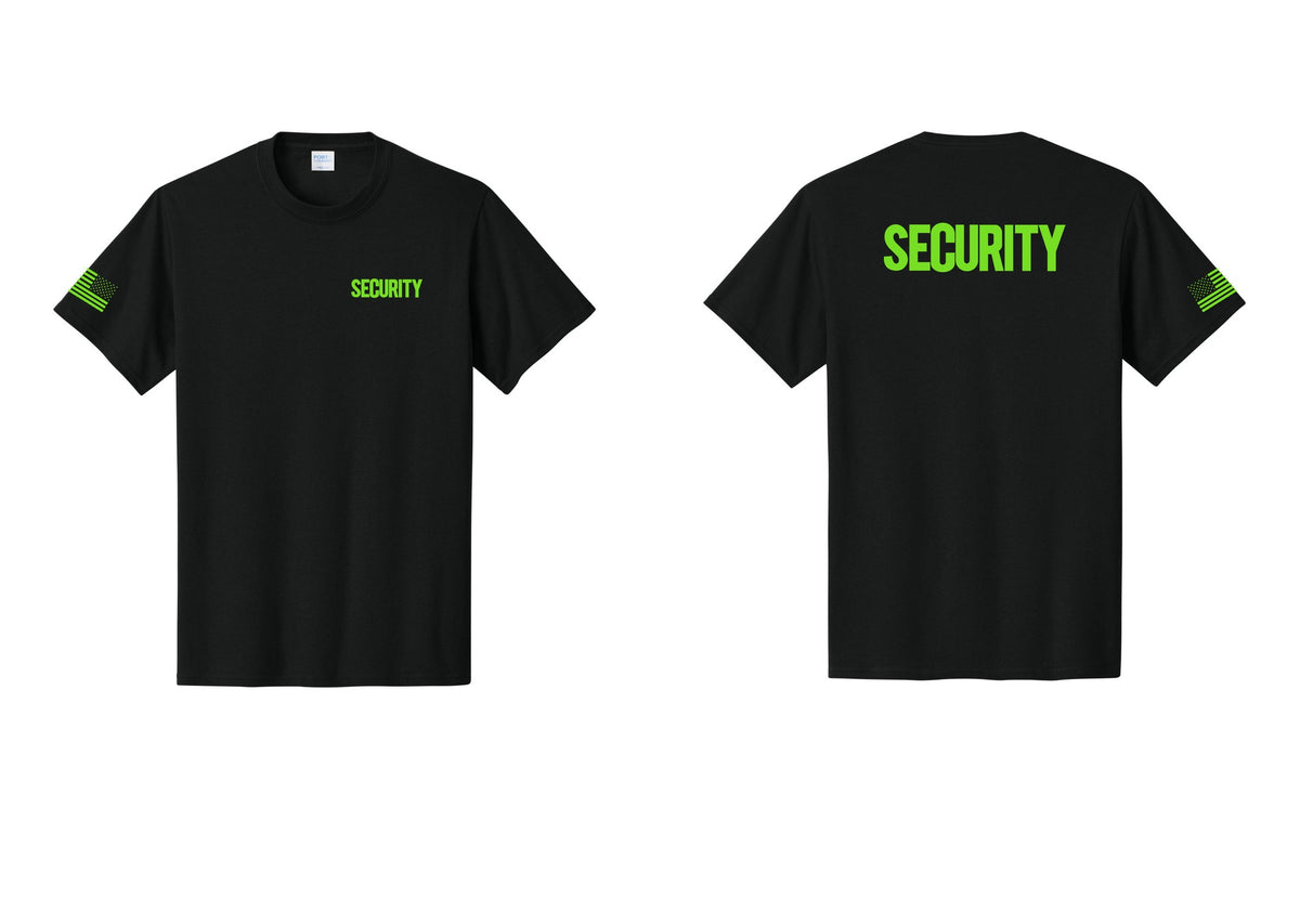 NYC Factory Men's Security Cotton T-Shirt - Chest + Back + US Flag Sleeve - Black / Neon