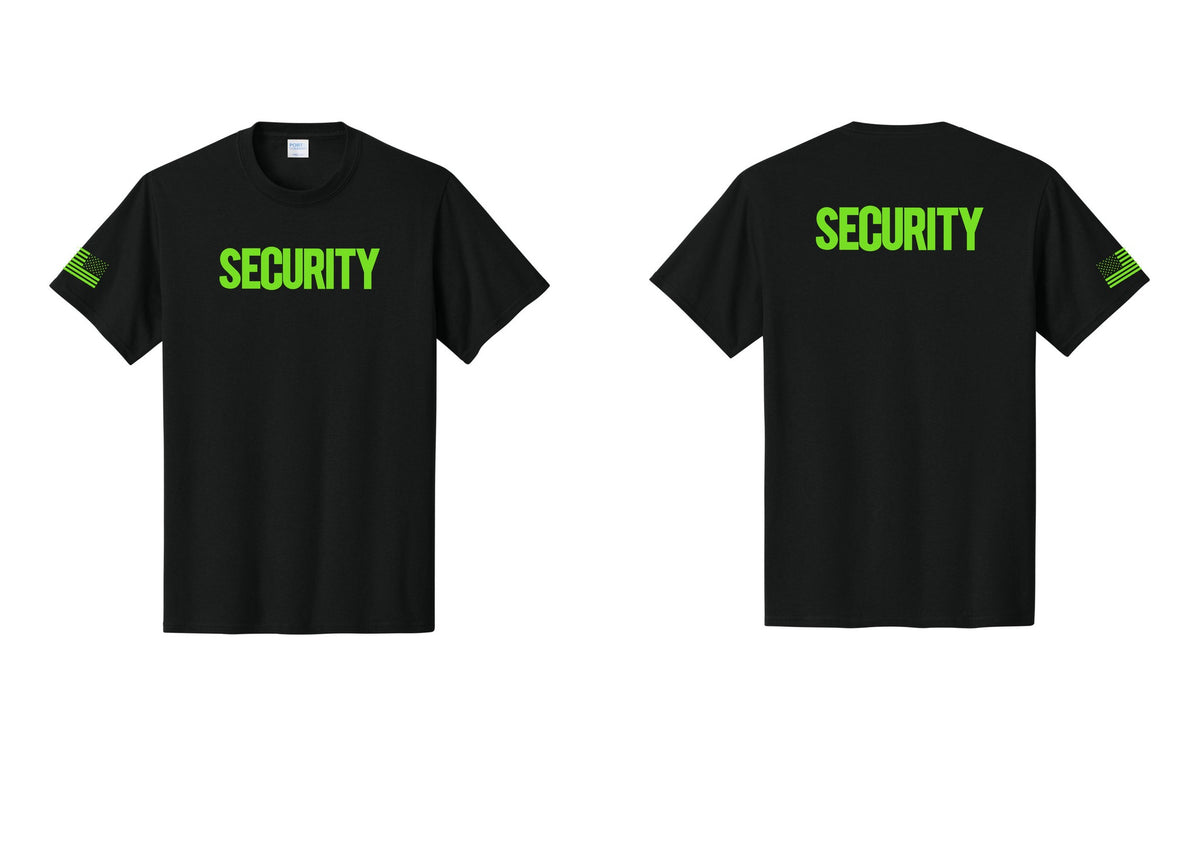 NYC Factory Men's Security Cotton T-Shirt - Front + Back + US Flag Sleeve - Black / Neon