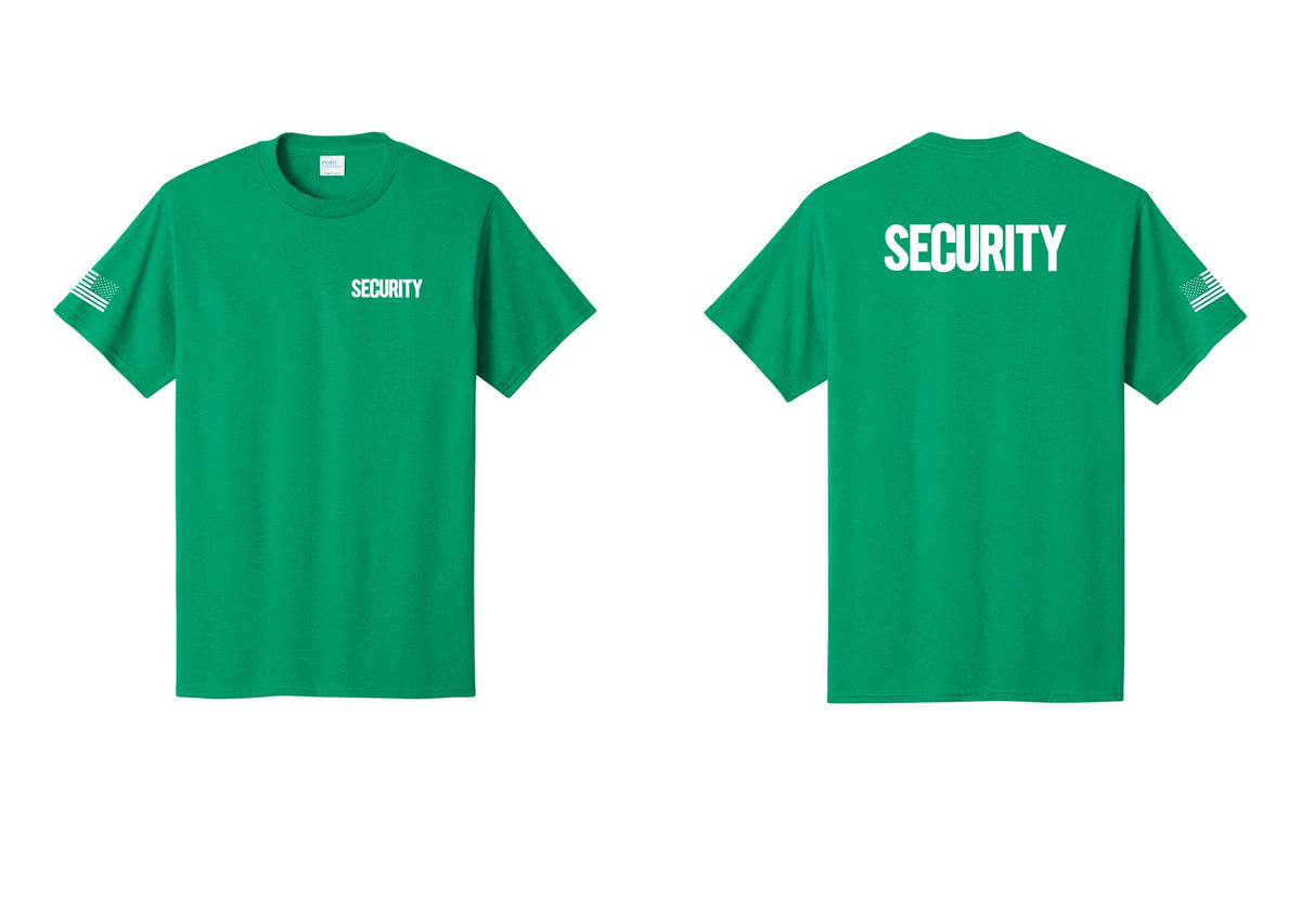 NYC Factory Men's Security Cotton T-Shirt - Chest + Back + US Flag Sleeve - Kelly