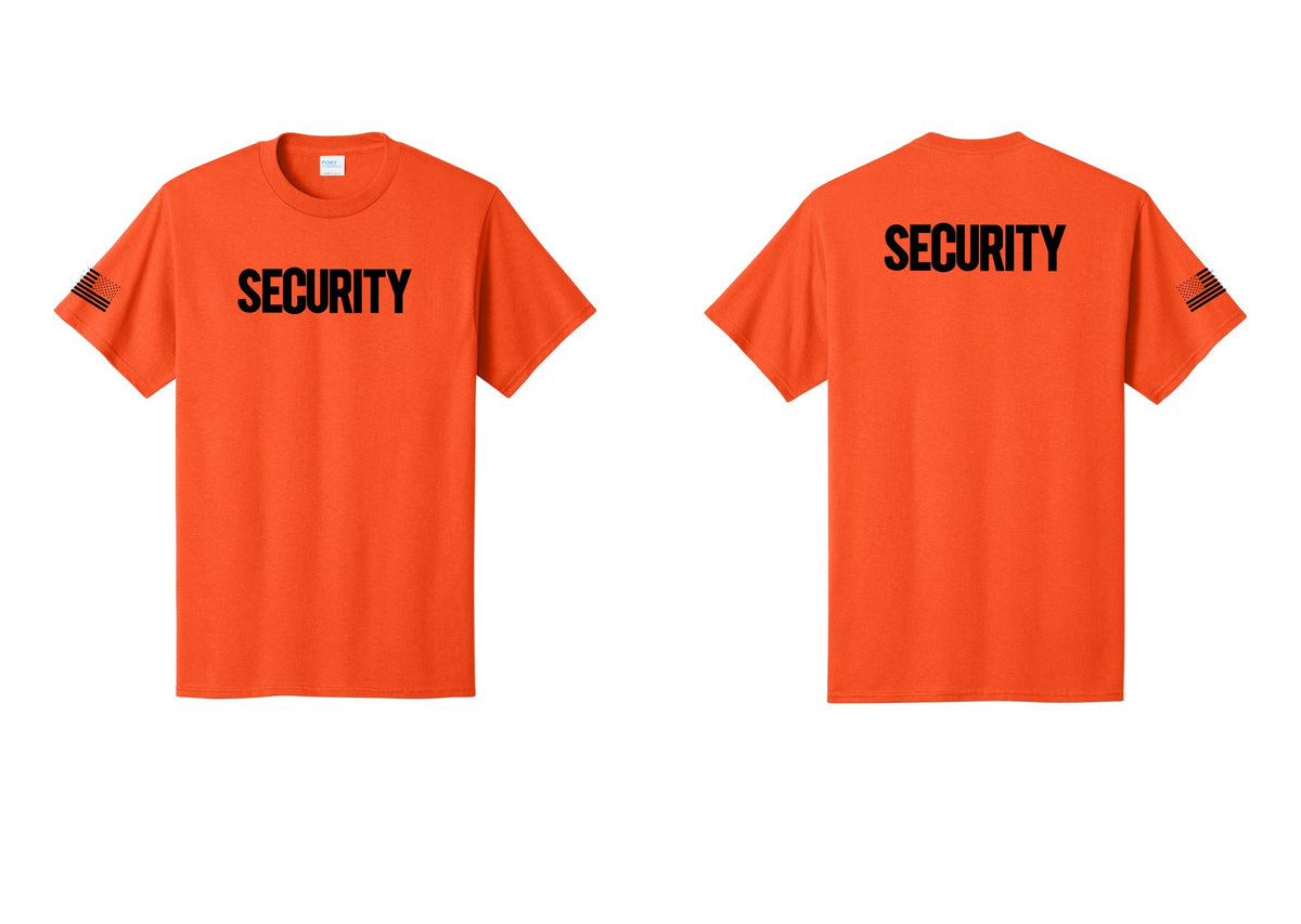 NYC Factory Men's Security Cotton T-Shirt - Front + Back + US Flag Sleeve - Orange