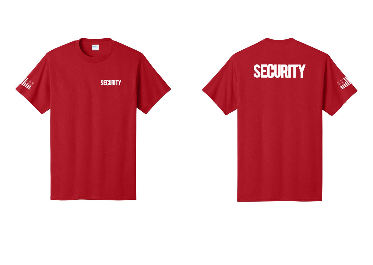 NYC Factory Men's Security Cotton T-Shirt - Chest + Back + US Flag Sleeve - Red