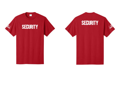NYC Factory Men's Security Cotton T-Shirt - Front + Back + US Flag Sleeve - Red