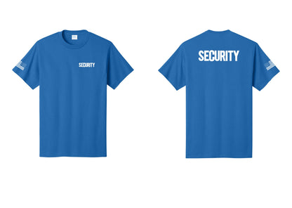 NYC Factory Men's Security Cotton T-Shirt - Chest + Back + US Flag Sleeve - Royal