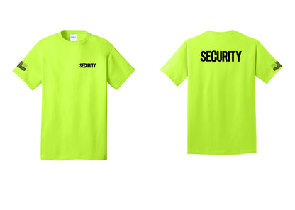 NYC Factory Men's Security Cotton T-Shirt - Chest + Back + US Flag Sleeve - Safety Green